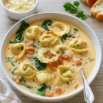 Easy Creamy Tortellini Soup in a bowl with bread