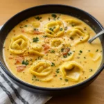 Easy Creamy Tuscan Garlic Tortellini Soup in a rustic bowl