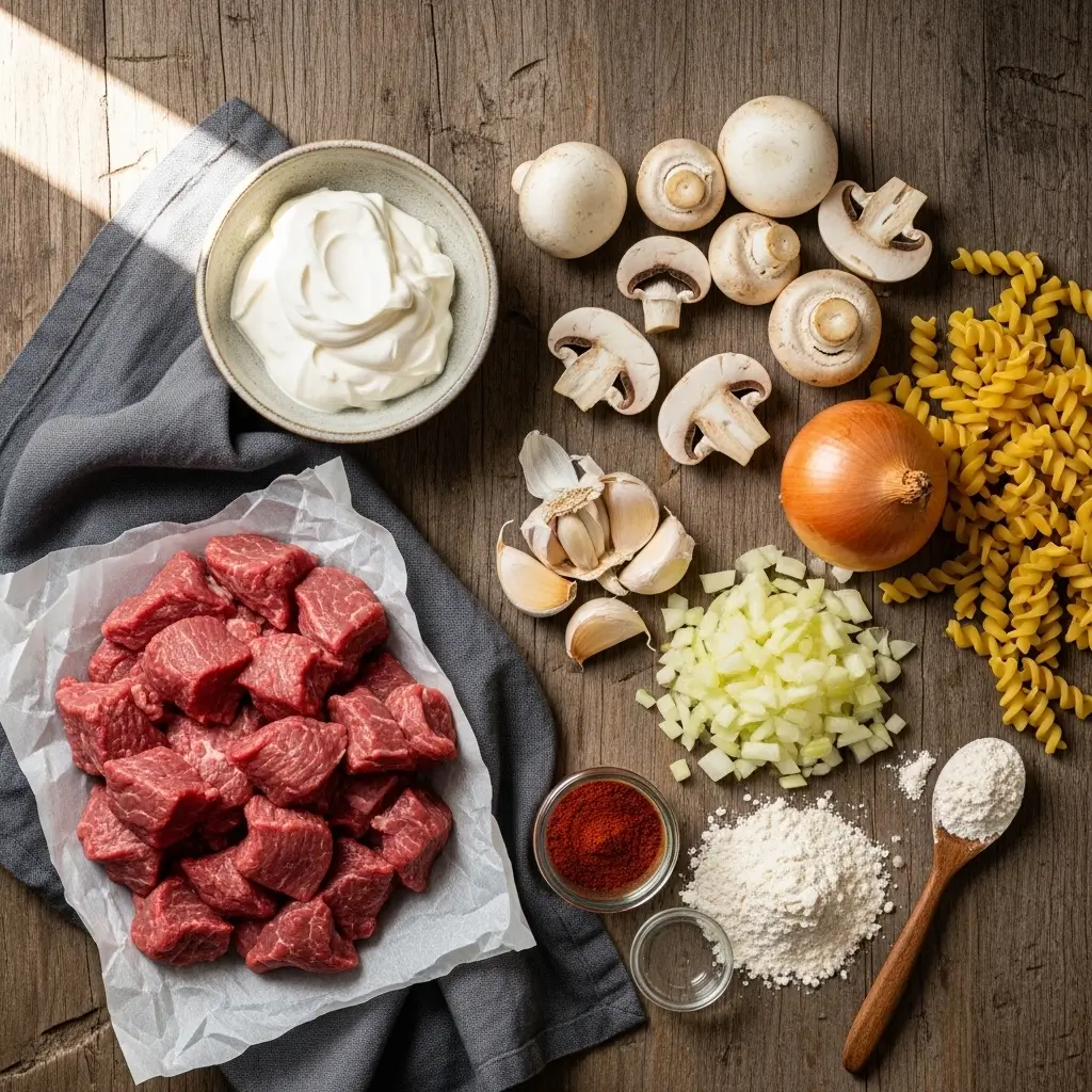 Ingredients for Easy Crockpot Beef Stroganoff