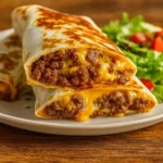 Easy Homemade Beefy Melt Burritos freshly baked with melted cheese