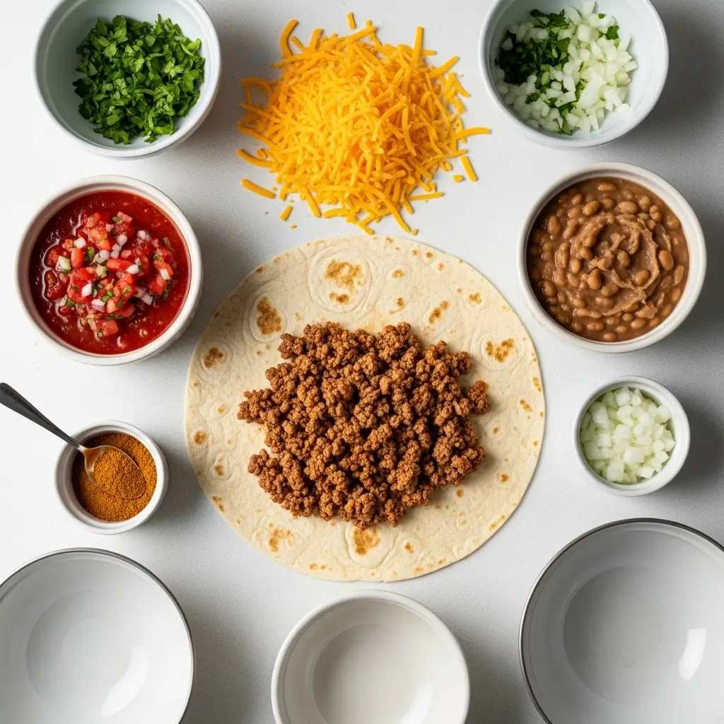 Ingredients for Easy Homemade Beefy Melt Burritos laid out