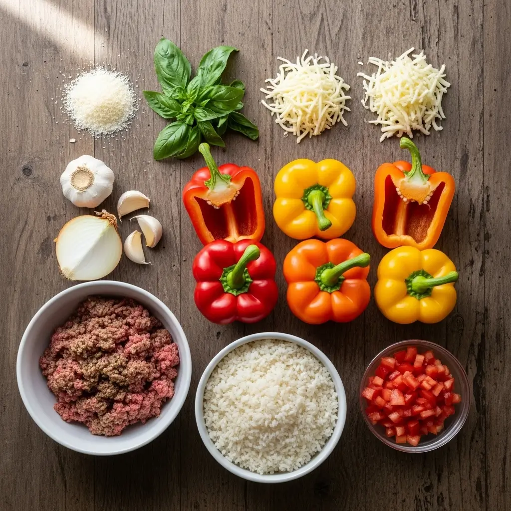 Ingredients for Easy Italian Stuffed Bell Peppers laid out