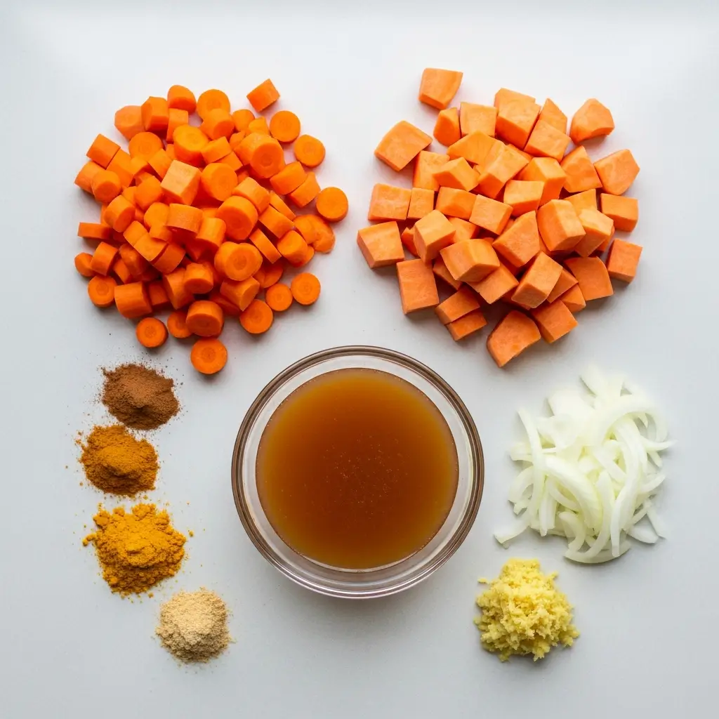 Ingredients for Easy Spiced Carrot and Sweet Potato Soup on counter