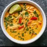 Easy Thai Coconut Chicken Soup in a rustic bowl
