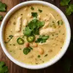 easy white turkey chili in rustic bowl with fresh toppings