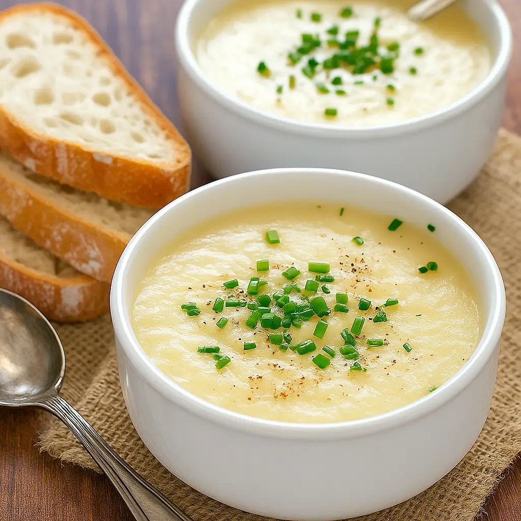 Creamy fennel and potato soup in a bowl with chives