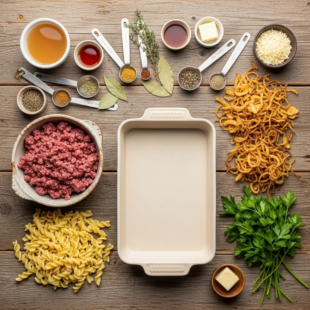 Ingredients for Homemade French Onion Beef Casserole on countertop