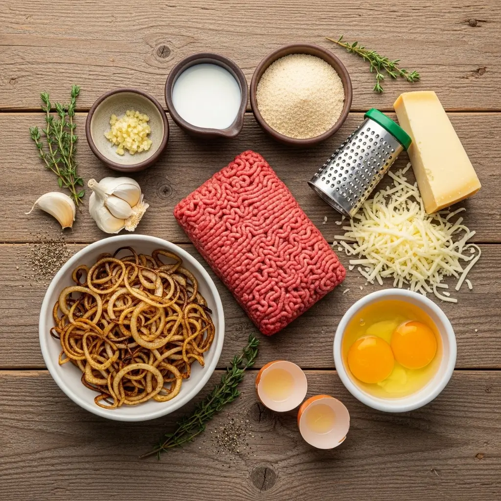 Ingredients for French Onion Meatloaf laid out on a wooden table