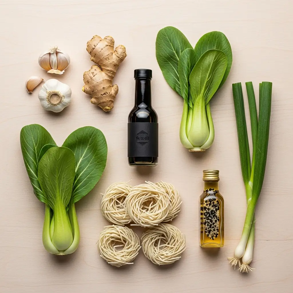 Ingredients for Ginger Garlic Noodle Soup with Bok Choy