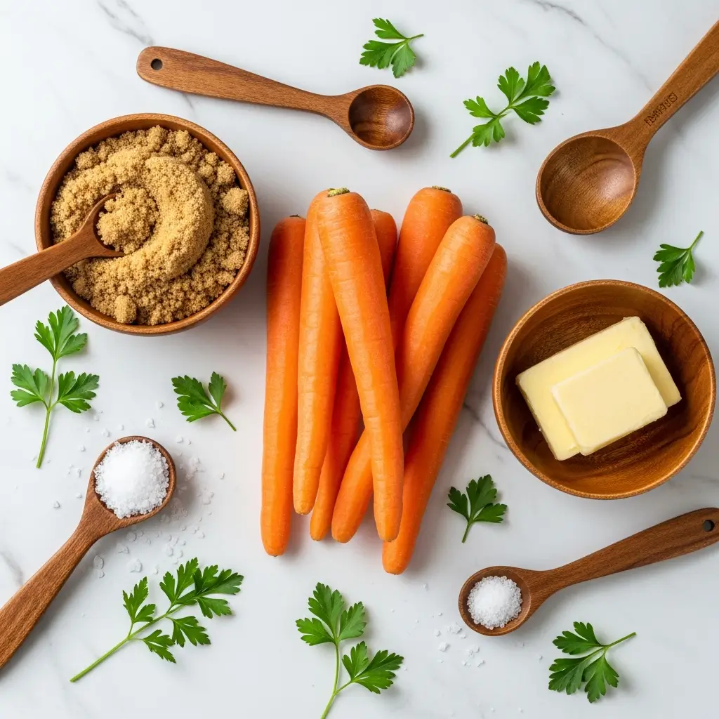 Ingredients for glazed carrots laid out on a countertop
