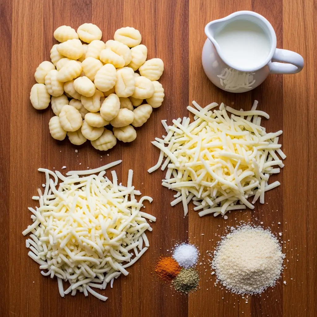 Ingredients for Gnocchi Mac and Cheese on kitchen counter