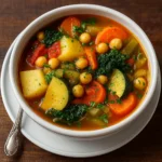 Greek Healing Soup in a bowl with lemon and parsley