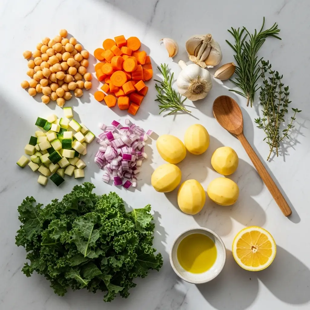 Ingredients for Greek Healing Soup on countertop
