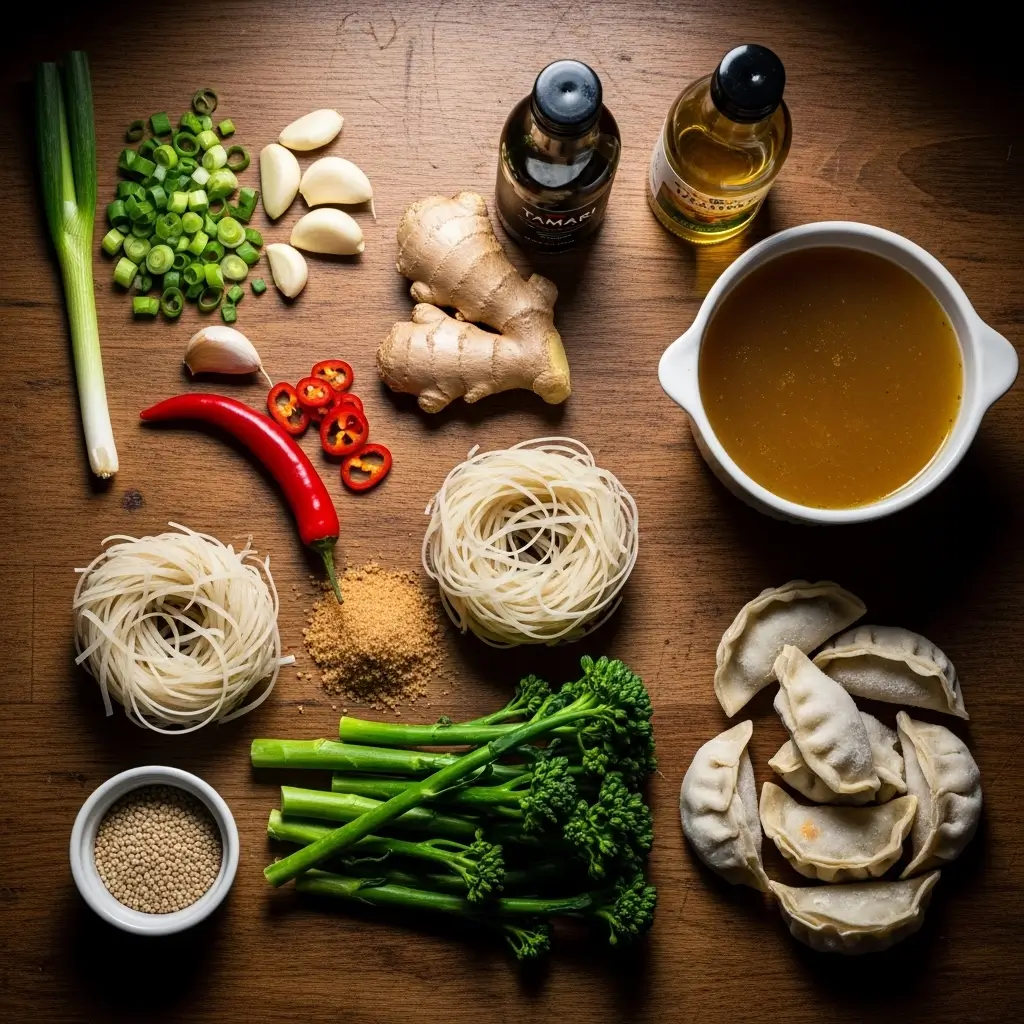 Ingredients for Gyoza Chilli Noodle Soup on a kitchen counter