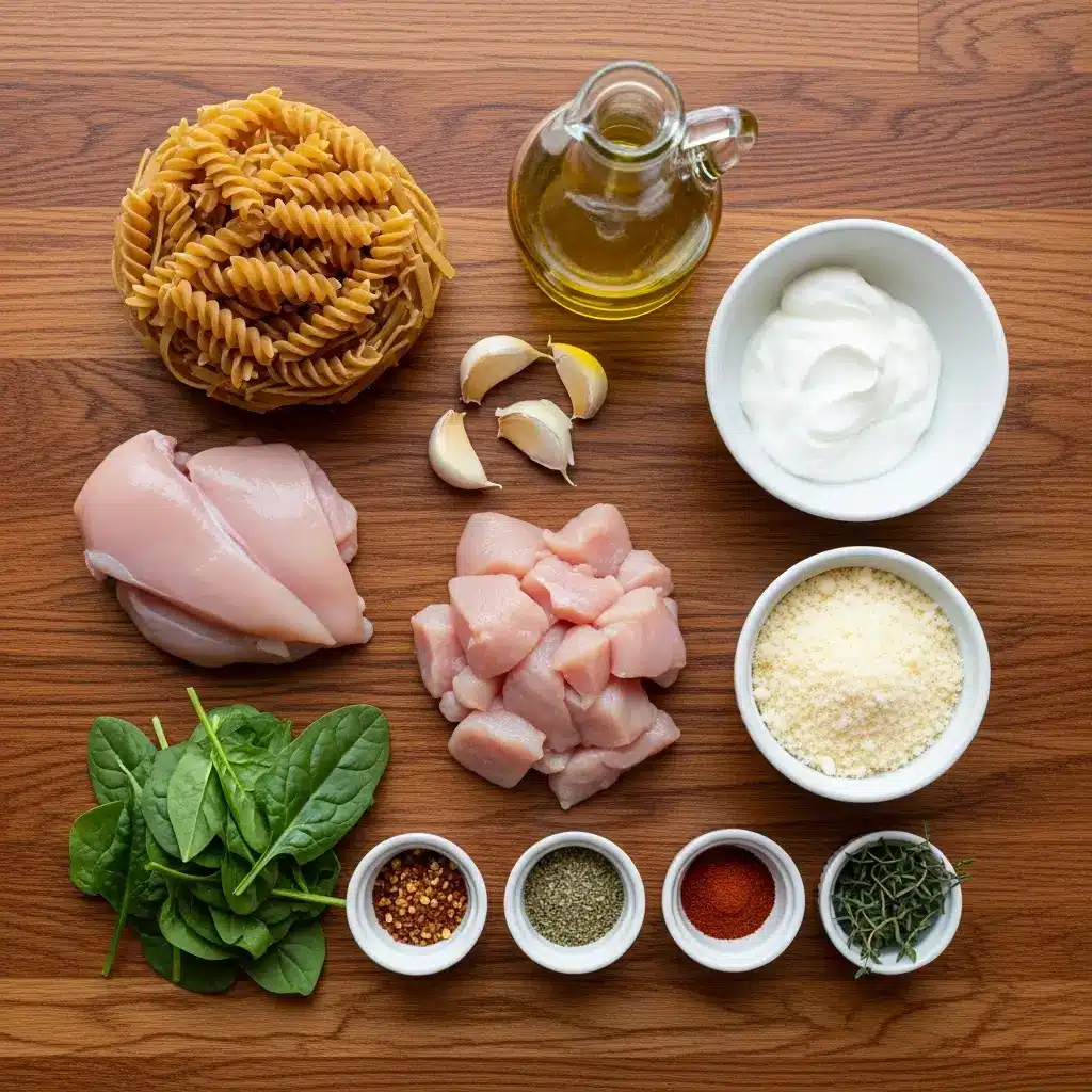 Ingredients for Healthy Garlic Parmesan Chicken Pasta