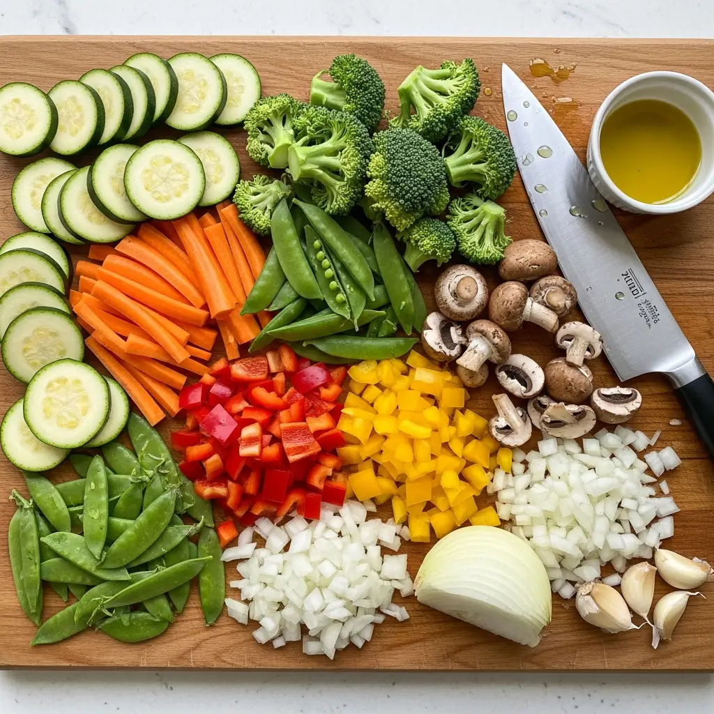 Ingredients for Healthy Sautéed Vegetables on a cutting board