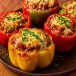 hearty beef stuffed bell peppers in baking dish
