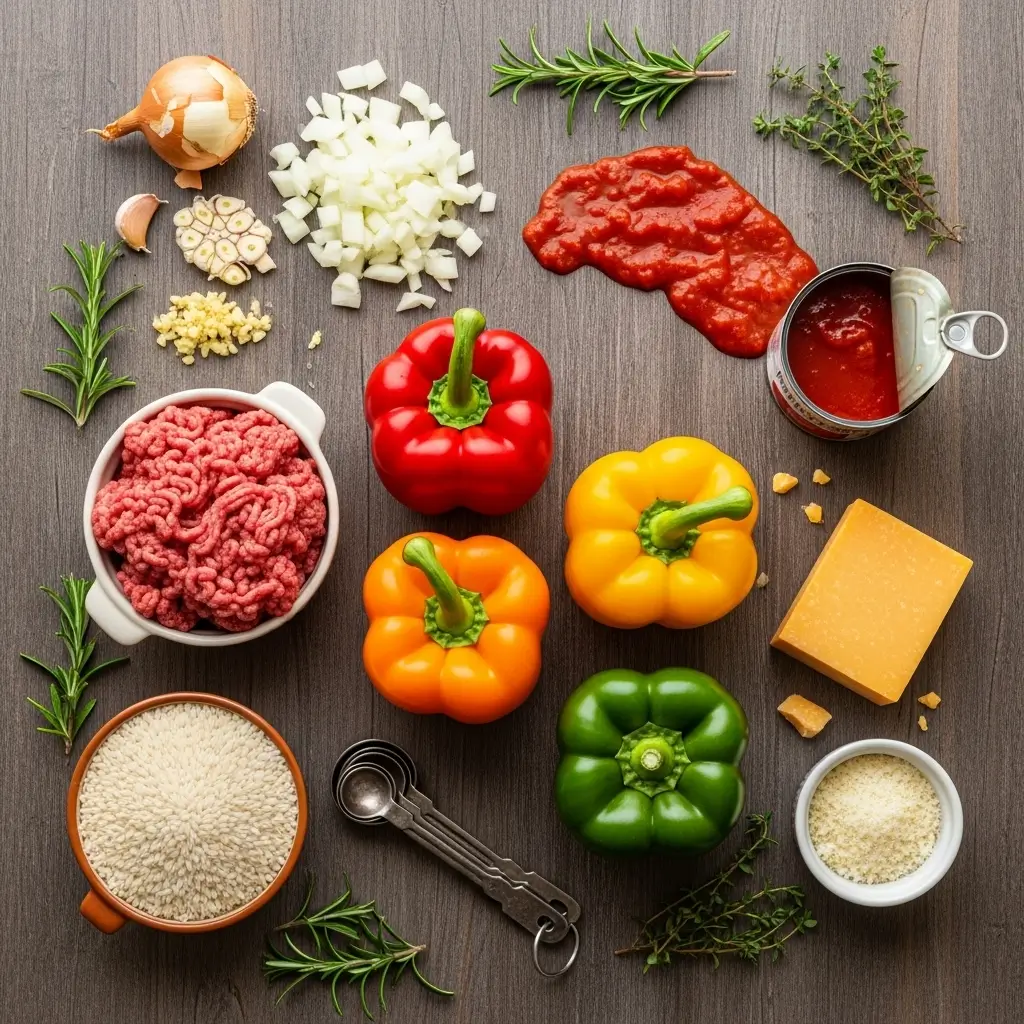 ingredients for hearty beef stuffed bell peppers
