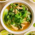 Hearty Bokchoy Chicken Soup in bowl with cilantro garnish