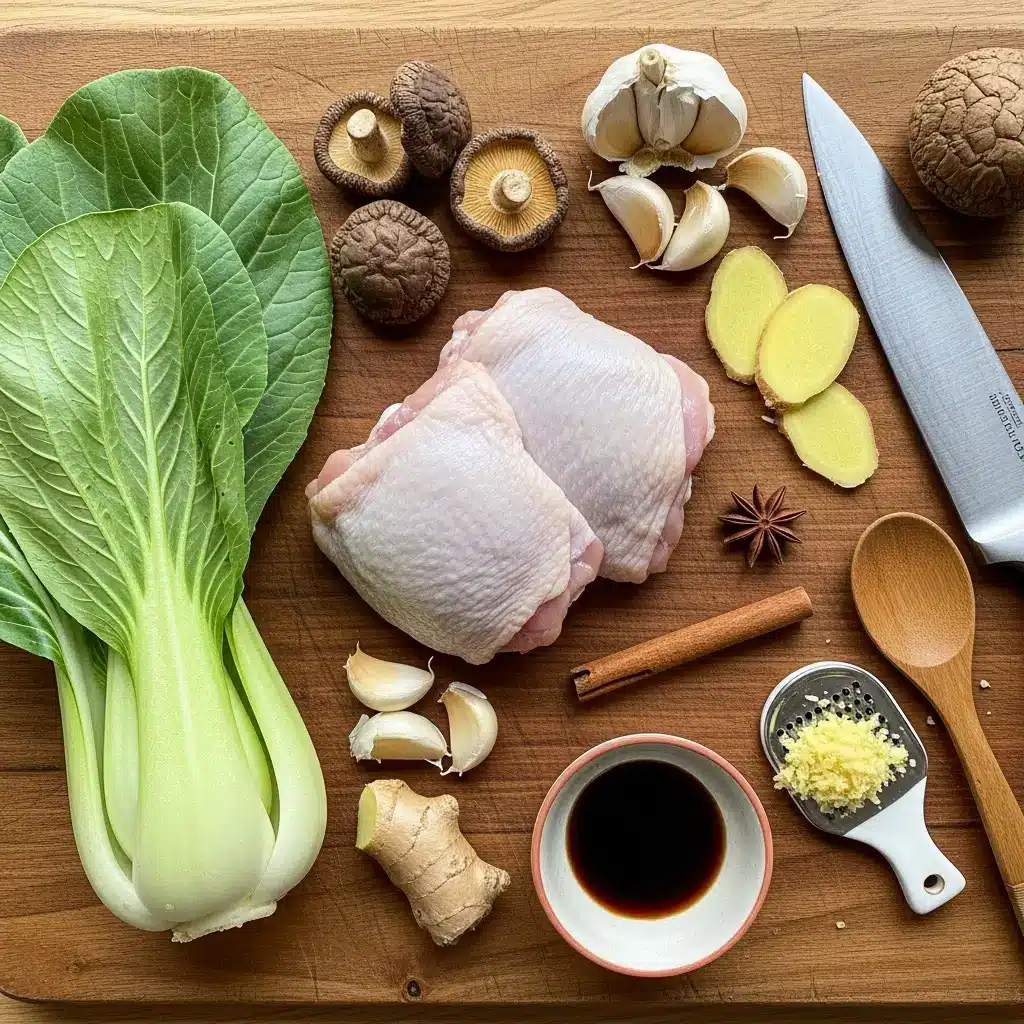 Ingredients for Hearty Bokchoy Chicken Soup laid out on table