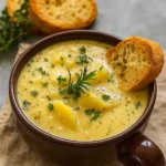 Hearty Cheddar Garlic Herb Potato Soup in a rustic bowl