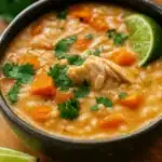 Hearty Chicken and Rice Fall Soup in bowl with fall decor