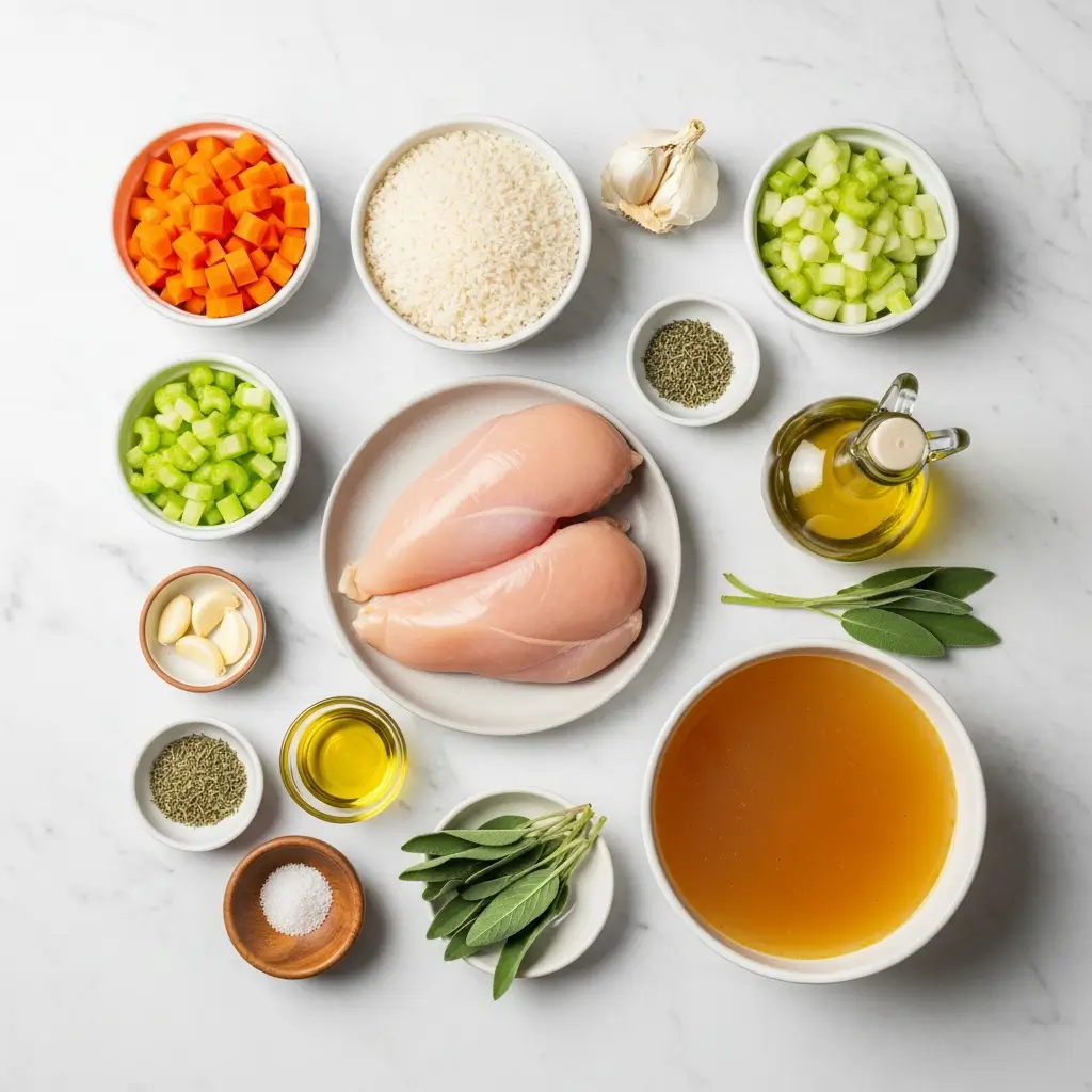 Ingredients for Hearty Chicken and Rice Fall Soup laid out