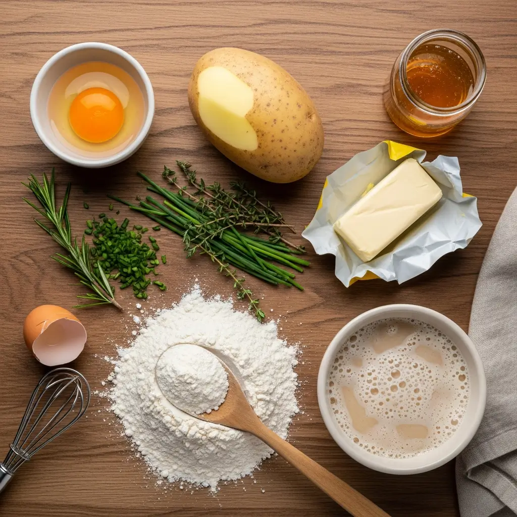 Ingredients for Herbed Potato Rolls on wooden counter