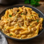 High Protein Creamy Beef Pasta with Spinach and Parmesan in bowl