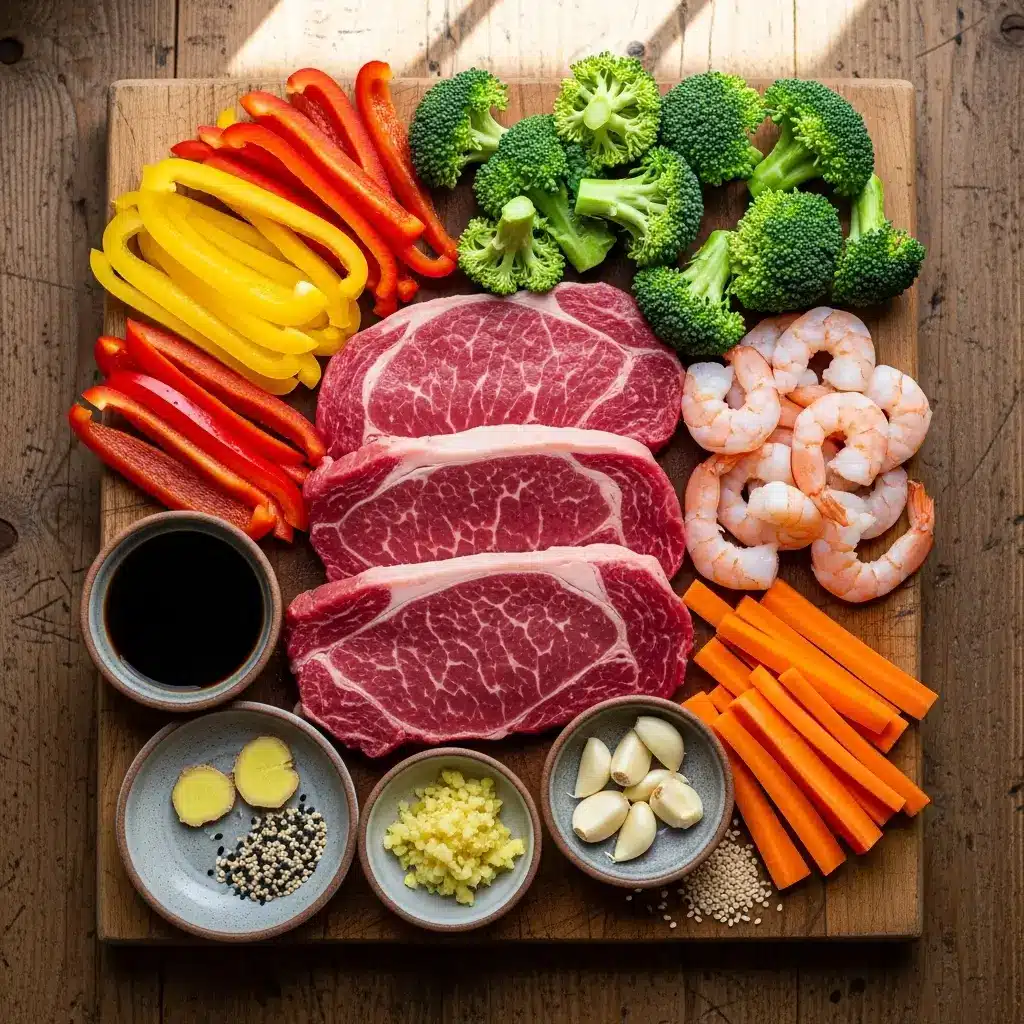Ingredients for High-Protein Steak and Shrimp Stir-Fry