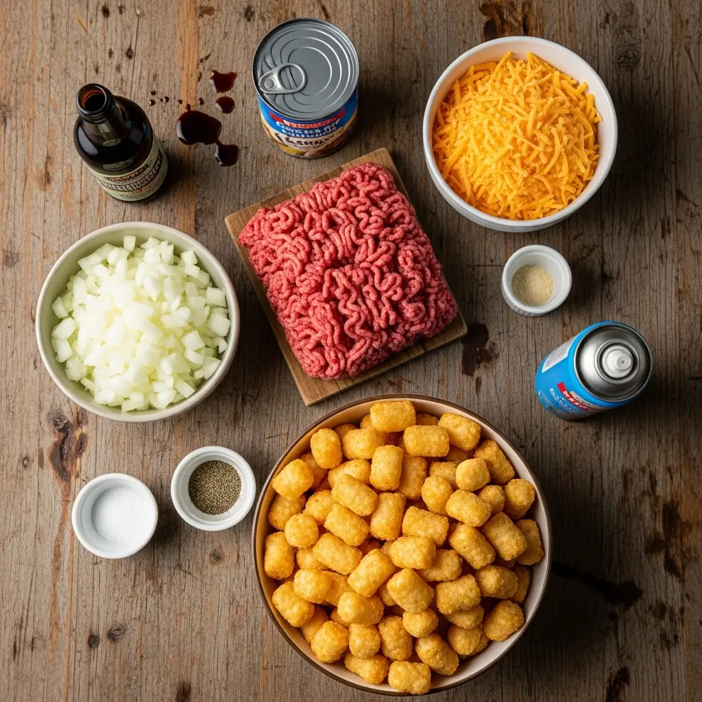 Hobo Casserole Ground Beef ingredients laid out