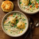 Homemade Chicken Pot Pie Soup served hot with biscuits