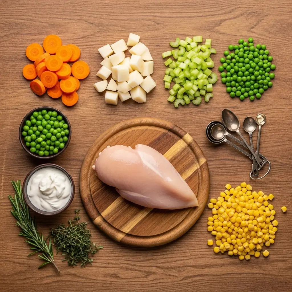 Ingredients for Homemade Chicken Pot Pie Soup on kitchen counter