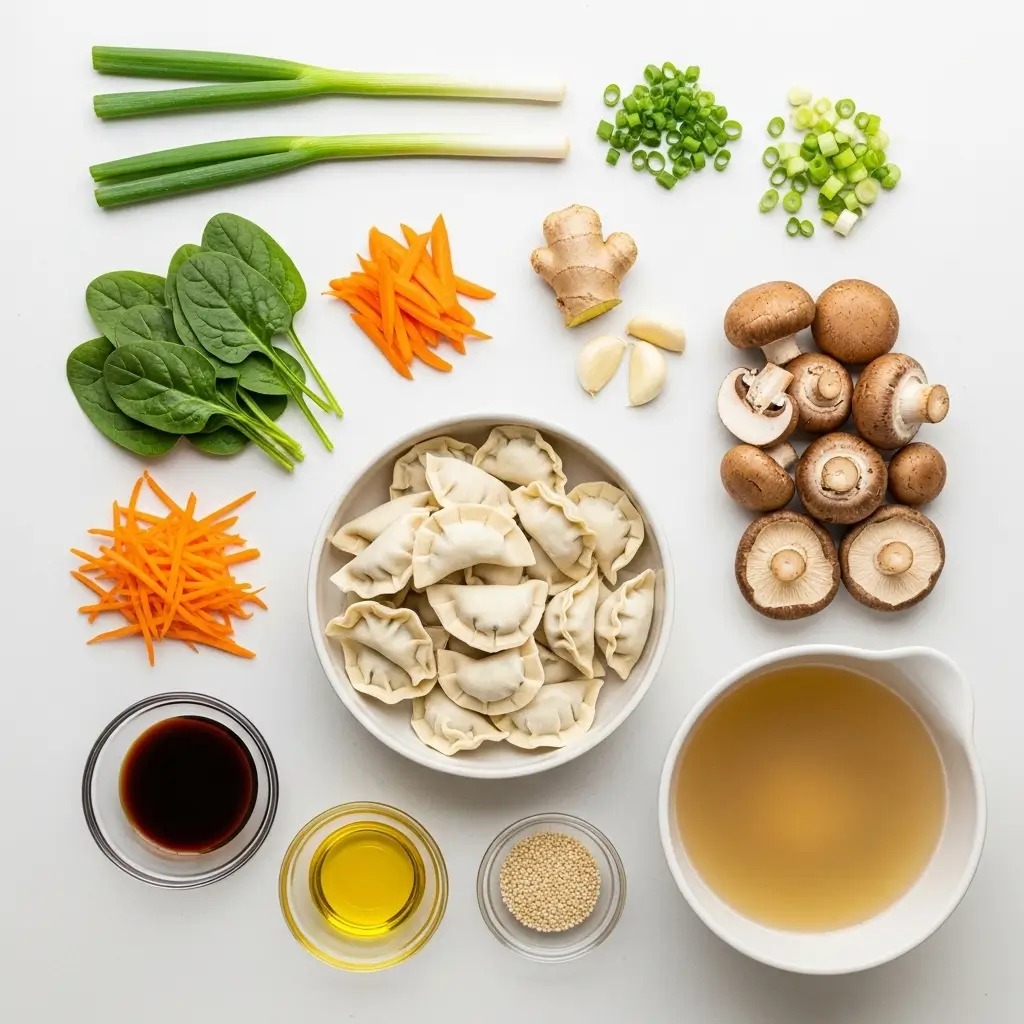 Homemade Potsticker Soup Ingredients Flat Lay