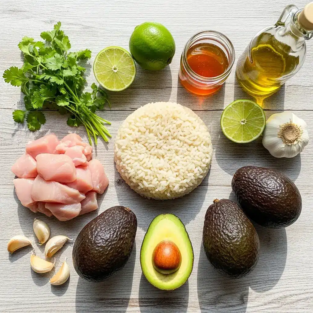 Ingredients for Honey Lime Chicken and Avocado Rice Stack