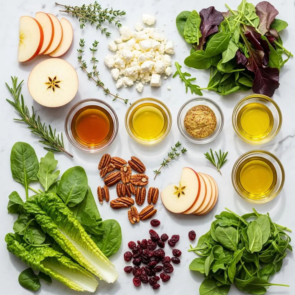 Autumn Harvest Apple and Feta Salad Ingredients flat lay