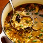 Hot and Sour Soup in a bowl with tofu and green onions