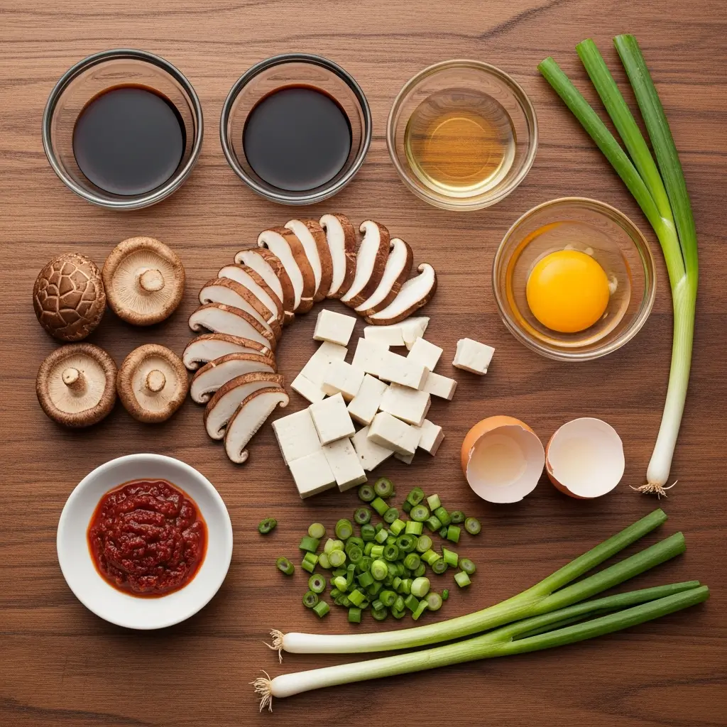 Ingredients for Hot and Sour Soup arranged on a counter
