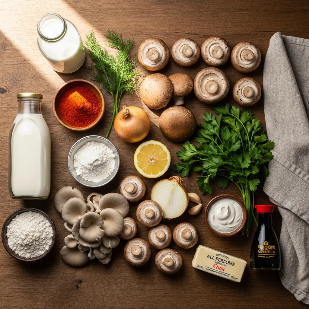Hungarian Mushroom Soup ingredients flat lay