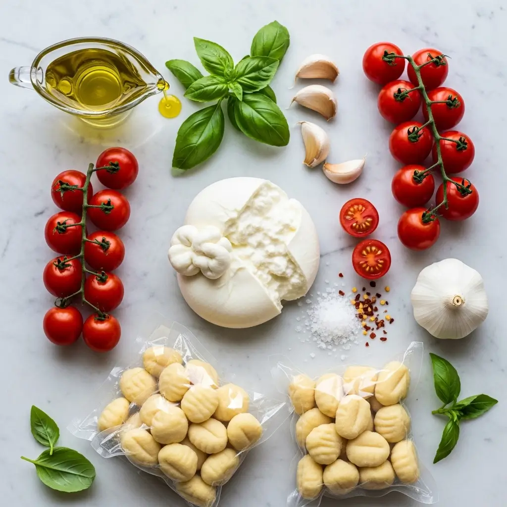 Ingredients for 30 Minute Creamy Tomato Gnocchi with Burrata