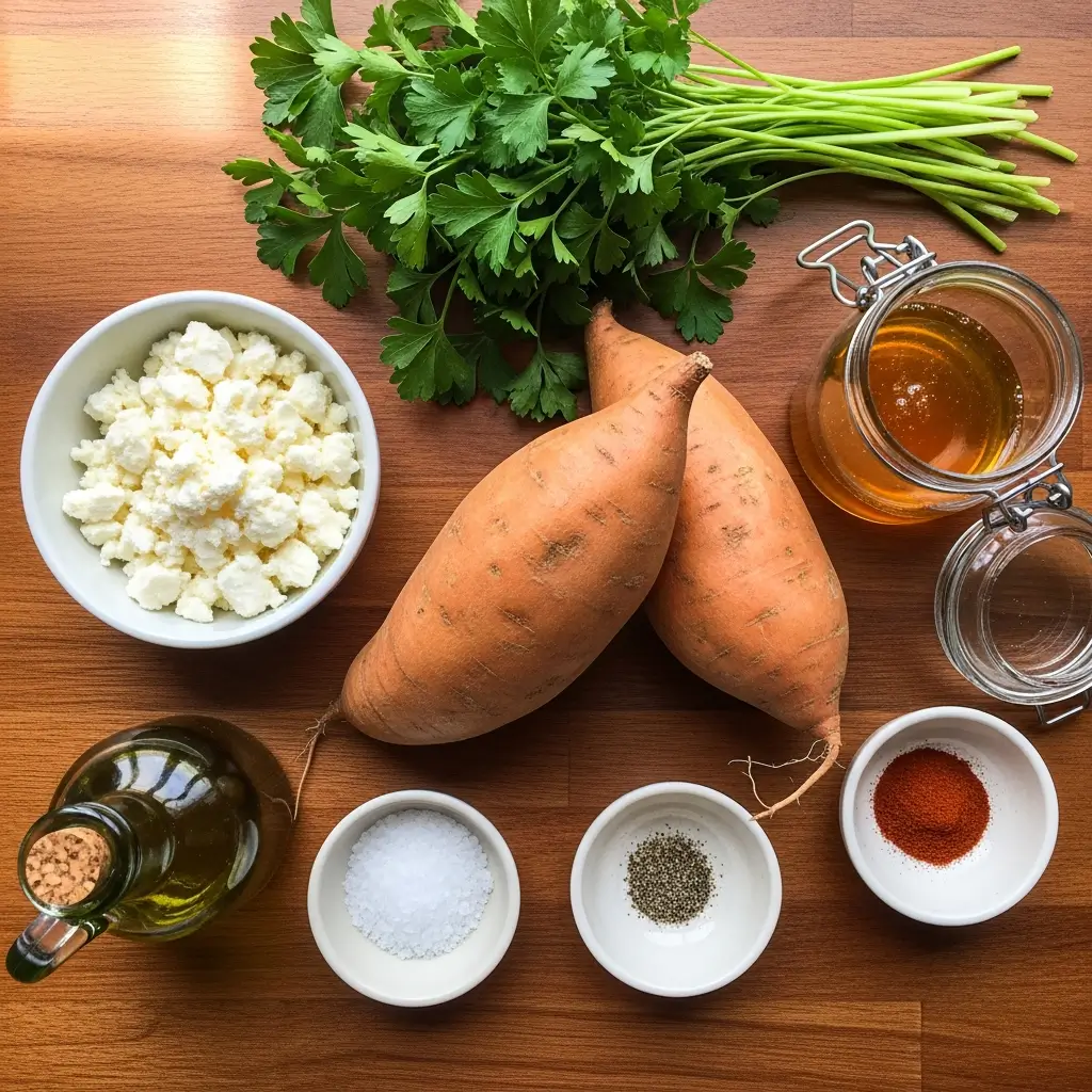 Ingredients for roasted sweet potato rounds with honey and feta