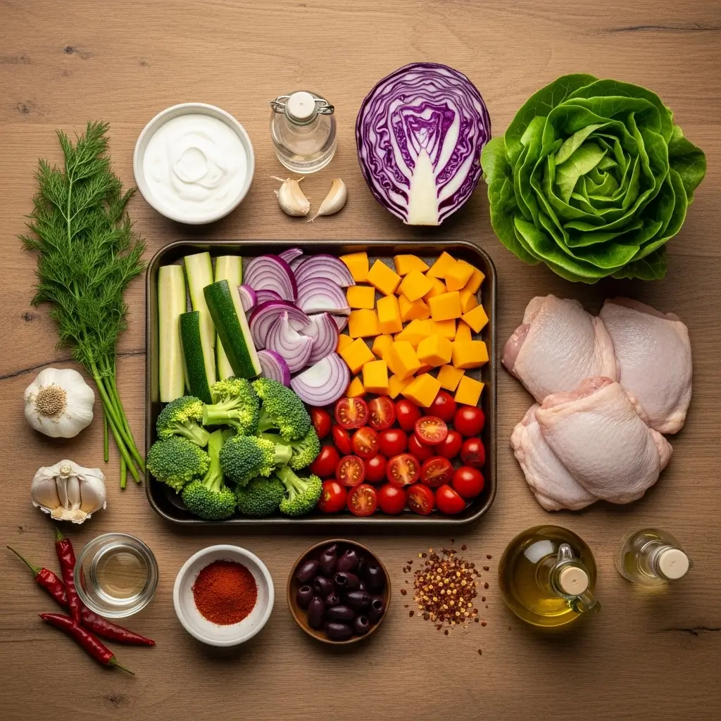 Ingredients for spicy chicken and roasted vegetable bowls