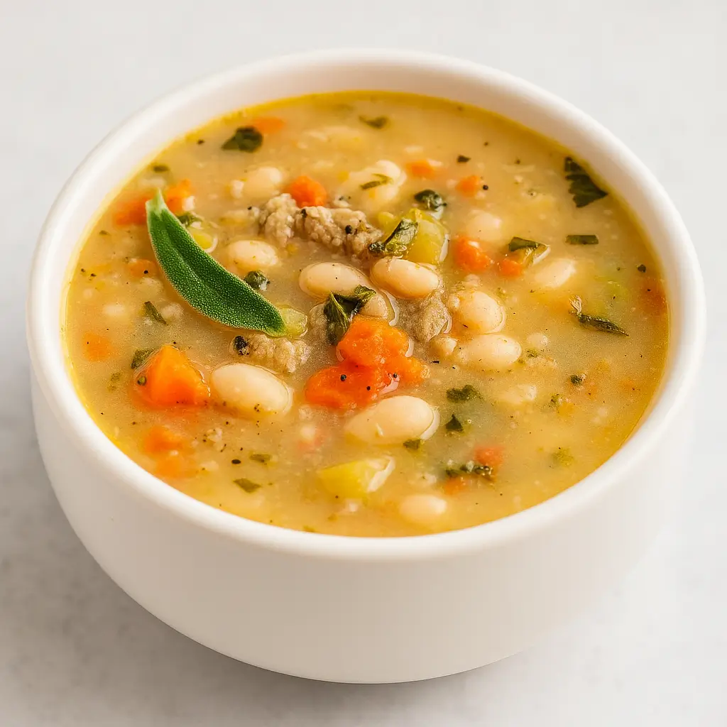 Italian White Bean Soup in a bowl with bread and lemon