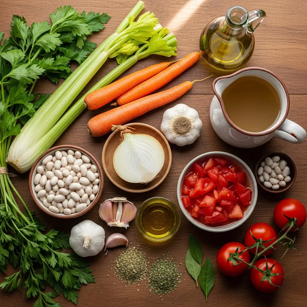 Ingredients for Italian White Bean Soup on kitchen counter