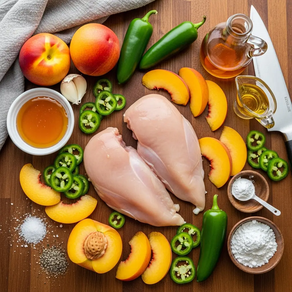 Ingredients for Jalapeno Peach Chicken on rustic table