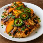 Jalapeno Peach Chicken in skillet with peach jalapeno glaze