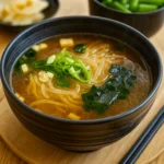 Japanese Glass Noodle Soup in rustic bowl