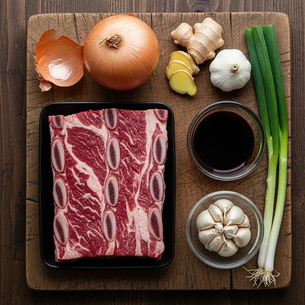 Ingredients for Korean Winter Soup laid out on wooden board