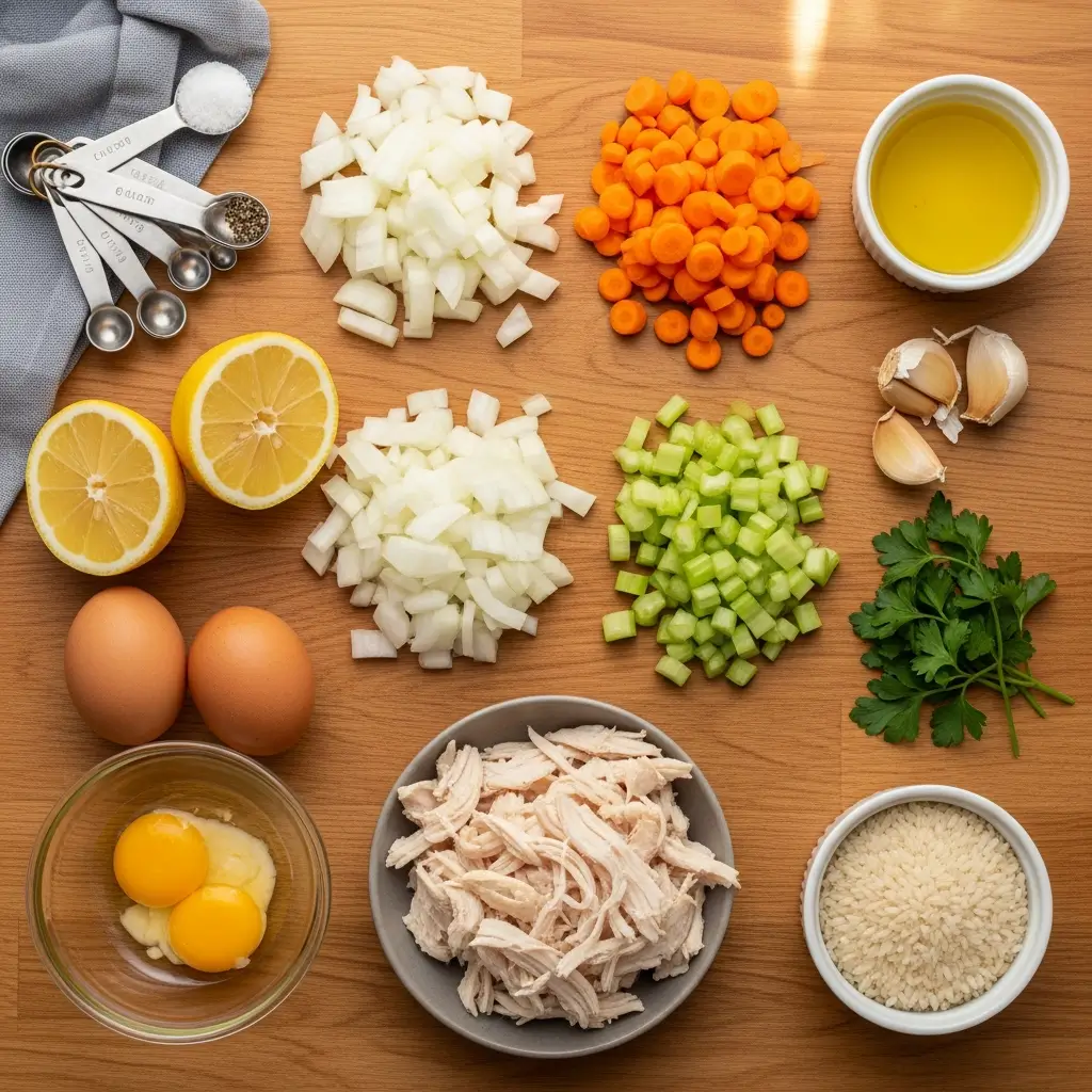 Ingredients for Lemon Chicken Soup with RiceFresh, simple ingredients for homemade Lemon Chicken Soup with Rice