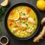 Lemon Ginger Turmeric Chicken and Rice Soup in a warm bowl
